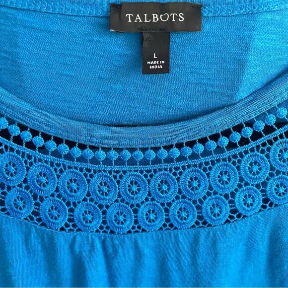 T by Talbots Blue Cotton Flutter Sleeve Crochet Neckline T-Shirt Dress Women's L - Picture 3 of 6